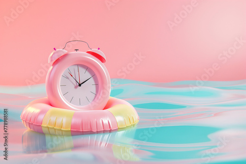 Alarm clock as an inflatable ring floating in the water on pastel background. Minimalist creative concept. Save your time, vacation and safe tourism, summer time, sport, beach, summer vacations theme.
