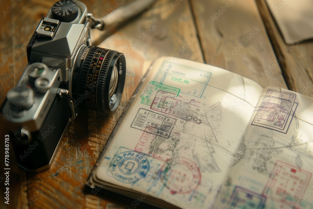 Travel-themed still life with camera and passport