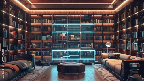 A home library where AI sorts and suggests books based on moods and interests, integrating AI into personal growth and learning. photo