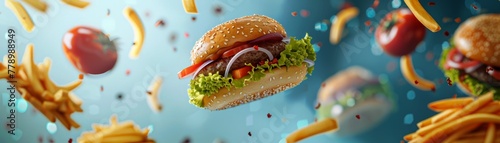 A photo of fast food floating in the air, surrounded in the style of burgers and fries, with bright colors and detailed textures on each item.