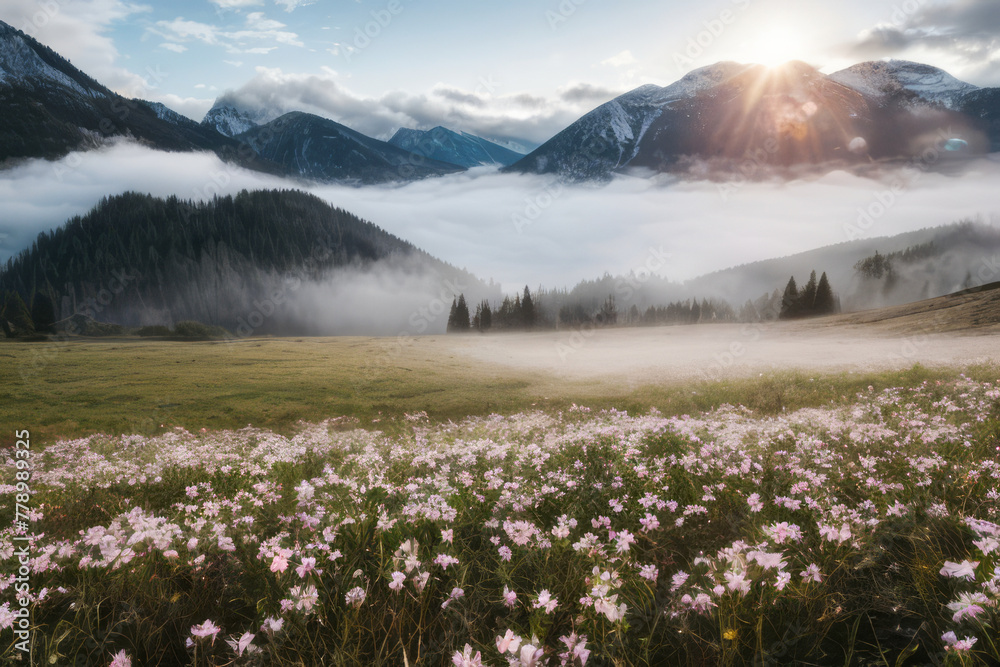 Breathtaking alpine meadow bursting with wildflowers nestles below snow-capped peaks