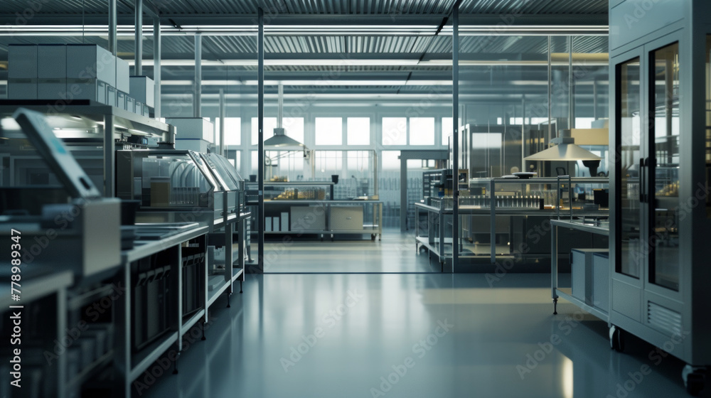 A food packaging testing laboratory with testing machines and quality control equipment, temporarily unoccupied but ready to ensure the safety and integrity of food packaging A food packaging testing laboratory with testing machines and quality control equipment, temporarily unoccupied but ready to ensure the safety and integrity of food packaging