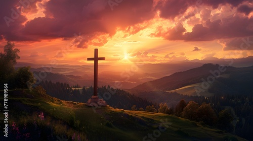 Hilltop cross against backdrop of breathtaking sunset colors