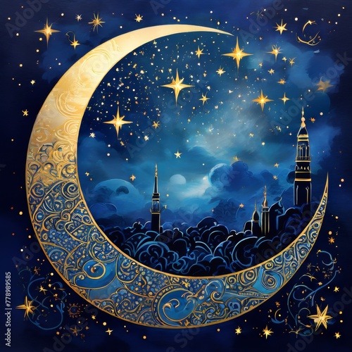 Ramadan-themed illustration featuring a luminescent crescent moon cradling a sunburst heart, twin minarets silhouetted against a gradient twilight sky photo