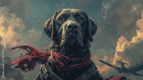 A fierce Labrador Retriever with a sword, surrounded by destruction under apocalyptic skies. Determination shines in its eyes. photo