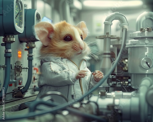 Hamster in professional wear fine-tunes a water filtration system design, realistic , cinematic style.