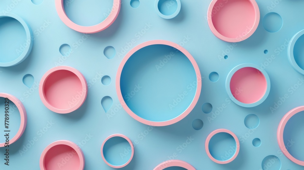 Abstract composition of Mercury, CNC, Circus elements in blue and pastel pink, with emphasis on negative space and minimalistic design.