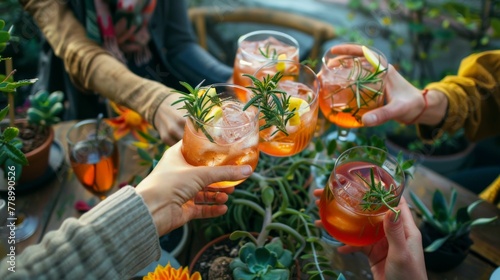 A laid-back outdoor gathering, friends savoring homemade Granini Sensation beverages, surrounded by plants.