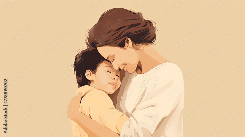 Intimate shot of a mother and son sharing a hug, cute, simple 2d style pastel colors Intimate shot of a mother and son sharing a hug, cute, simple 2d style pastel colors