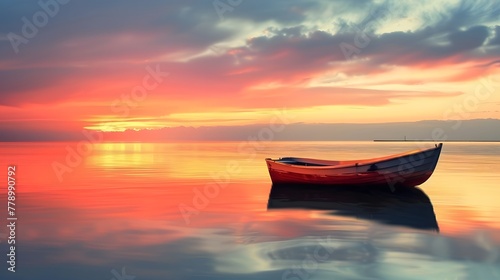 Tranquil Sunset at Sea - Lonely Boat on Calm Waters - Golden Hour Serenity © Ziyan