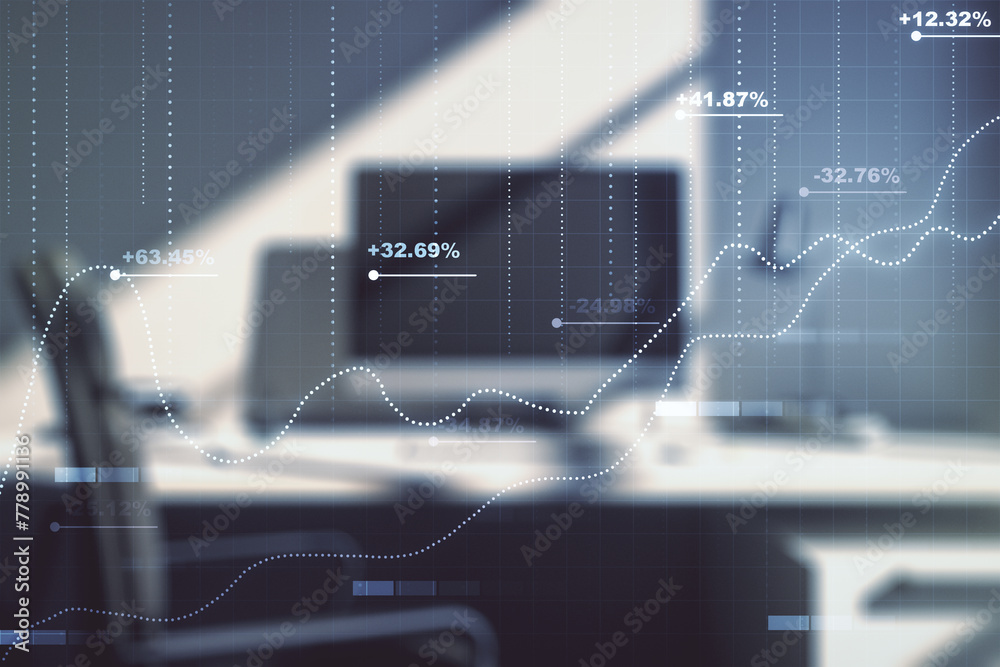 Abstract creative stats data concept and modern desktop with computer on background. Multiexposure