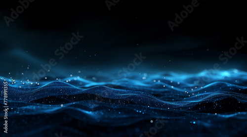 Blue lines float like waves on a black background, technology or digital style blue and black background. Can be used as computer desktop wallpaper and slideshow background with black whiteout areas photo