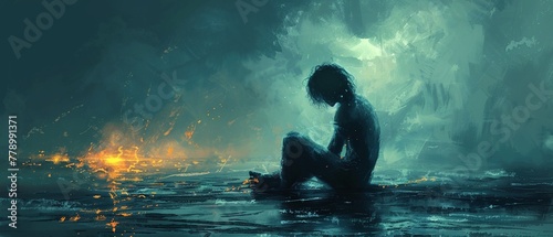 A figure sitting alone, overcome with sorrow and a sense of loss