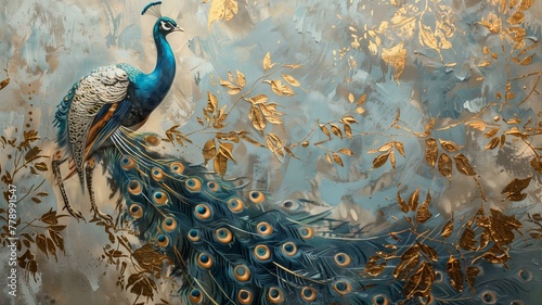 A mesmerizing blend of nostalgia and modernity, with a peacock gracefully portrayed amidst golden brushstrokes on a textured background inspired by oil paintings. 
