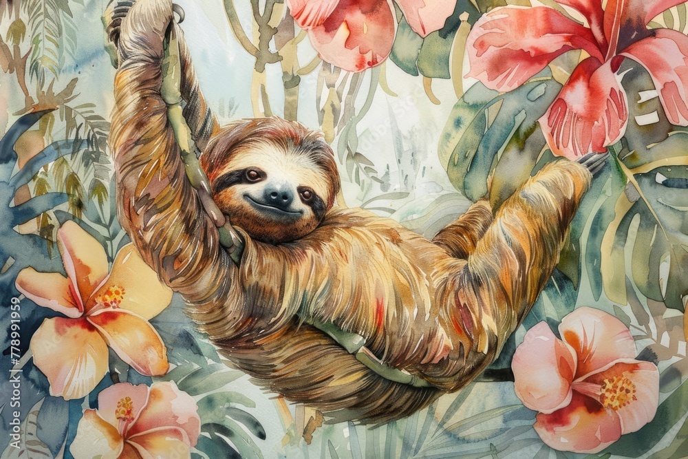 Naklejka premium A sleepy sloth hanging from a watercolor tree