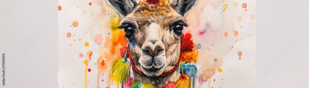 Fototapeta premium A watercolor painting of a llama adorned with colorful pom-poms and tassels