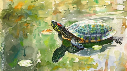 A watercolor painted turtle lazily swimming in a sun-dappled pond photo