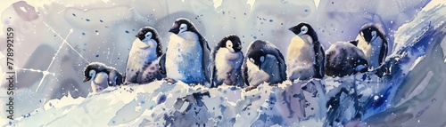 A watercolor painting of a group of penguins huddled together for warmth against a cold background
