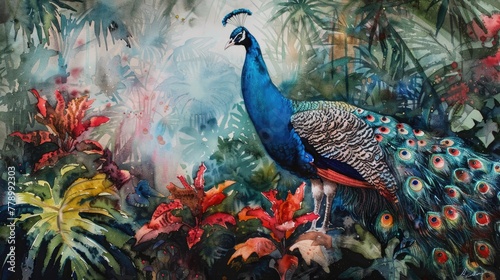 A watercolor scene of a peacock displaying its feathers in a lush garden © AI Farm