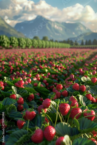 A picturesque strawberry farm with tourists picking berries, perfect for postcards photo