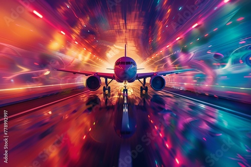 A plane navigating through a colorful, abstract warp dimension