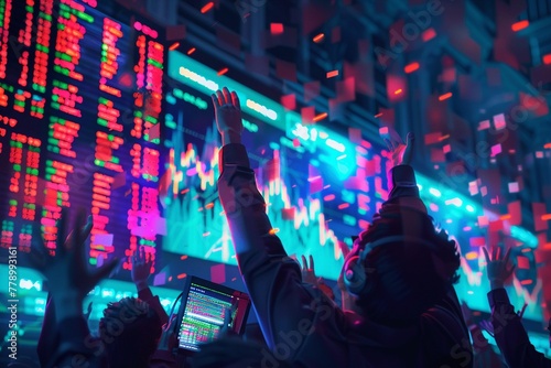 An animated stock market scene showing traders celebrating as profit margins soar