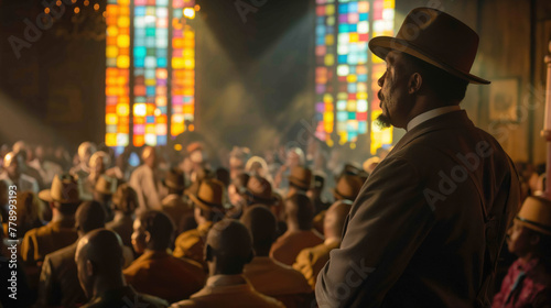 Solemn Man in Fedora Observing a Congregation in Stained Glass Lit Hall