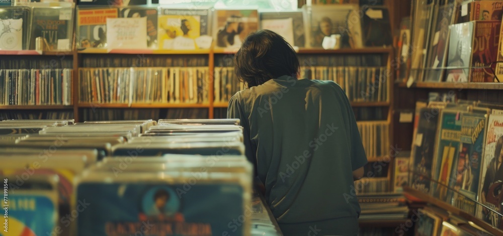 A man enjoying a leisurely afternoon shopping for vintage records, surrounded by colorful album covers.