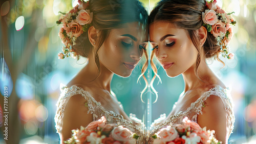 portrait of a bride, happy bride with wedding dress, bride with wedding flowers, close up of a bride photo
