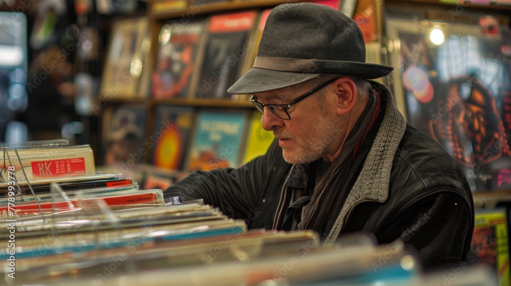 A man enjoying a leisurely afternoon shopping for vintage records, surrounded by colorful album covers.