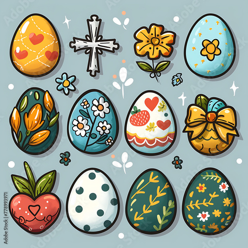 Easter symbols stickerpack, cute colorful eggs, christianity cross and spring flowers photo