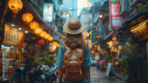 A woman traveler exploring a new city with a sense of adventure