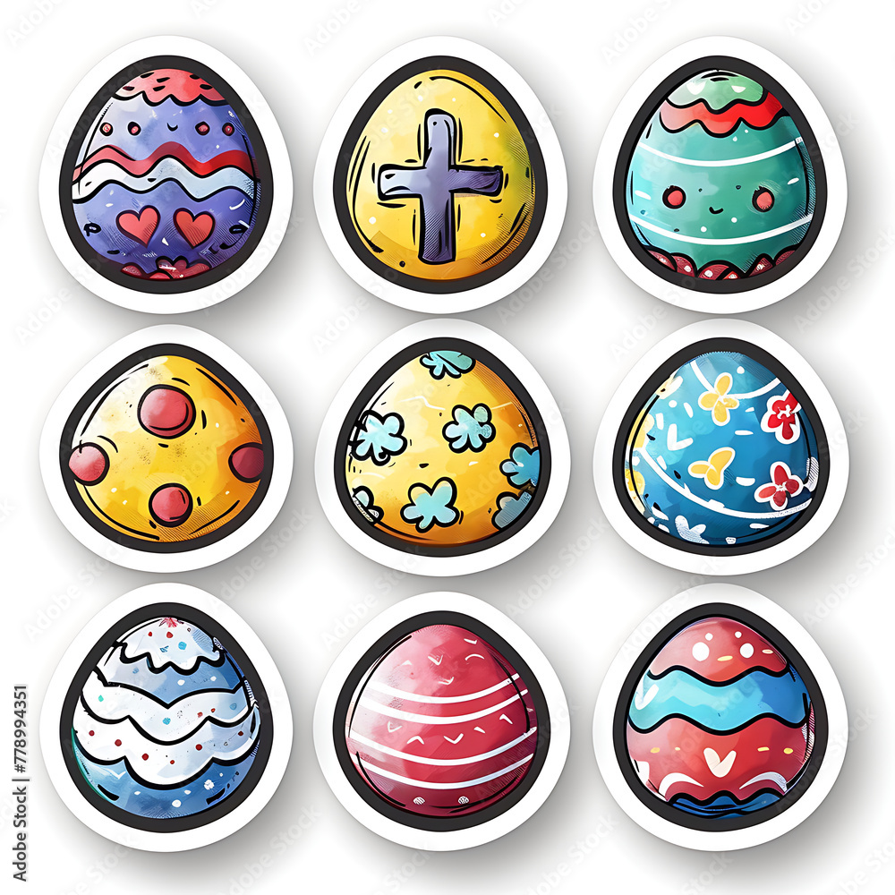 Easter symbols stickerpack, cute colorful eggs, christianity cross and spring flowers Easter symbols stickerpack, cute colorful eggs, christianity cross and spring flowers