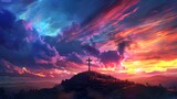 Cross perched on hill, offering panoramic view of mesmerizing sky