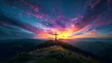 Hilltop cross perched, offering panoramic view of stunning sky