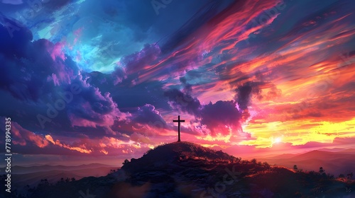 Cross perched on hill, offering panoramic view of mesmerizing sky