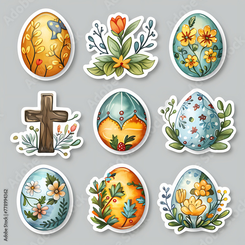 Easter symbols stickerpack, cute colorful eggs, christianity cross and spring flowers photo