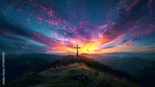 Hilltop cross perched, offering panoramic view of stunning sky