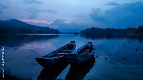 Twin boat at lake in Twilight after sunset 