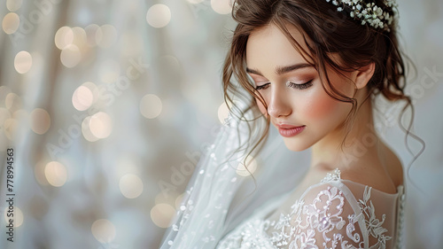 portrait of a bride, happy bride with wedding dress, bride with wedding flowers, close up of a bride
