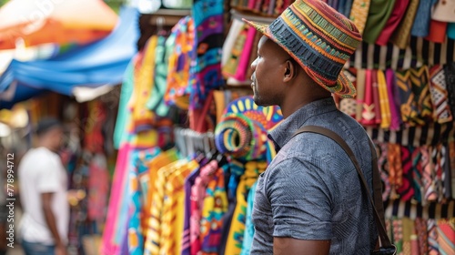 A man exploring an outdoor market, intrigued by artisanal crafts and vibrant textiles from around the world.