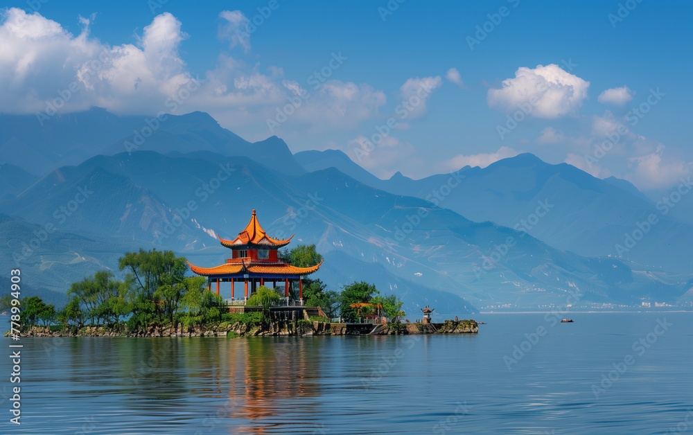 Lake scenery in Yunnan, China,created with Generative AI tecnology.