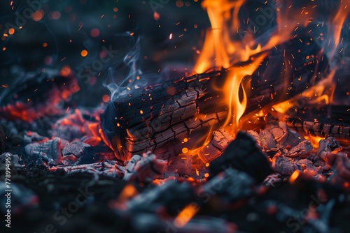 Close-up of vibrant burning wood embers