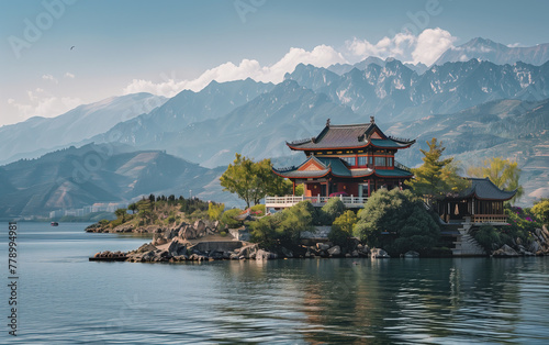 Lake scenery in Yunnan, China,created with Generative AI tecnology.