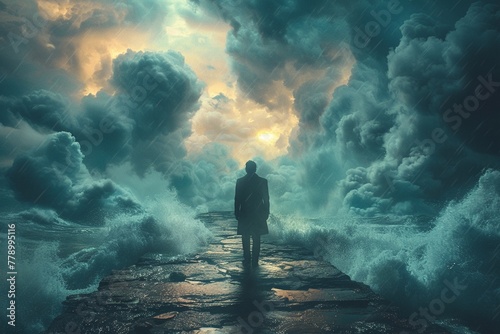 Businessman facing entrepreneurial challenges in stormy weather, 2D surreal fantasy photo