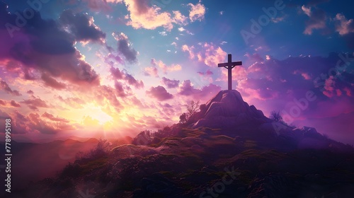 Cross silhouette atop hill against fantastical sky. Spiritual symbolism.