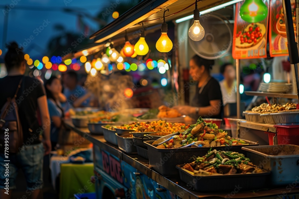 Street food market with colorful lights
