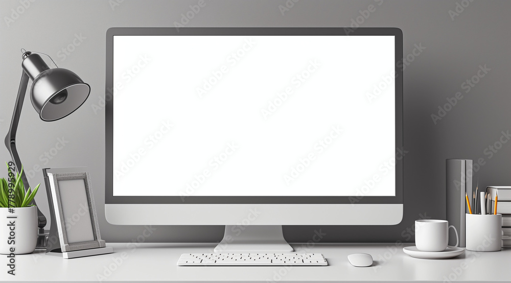 The white desk holds a white computer, lamp, pencil holder, mouse, keyboard, and green plants. The screen of the computer is left white and blank as an advertising image The white desk holds a white computer, lamp, pencil holder, mouse, keyboard, and green plants. The screen of the computer is left white and blank as an advertising image