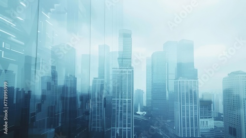 In this double exposure, luxury modern highrise buildings and cityscapes are shown in a blue tone, suitable for business or finance backgrounds