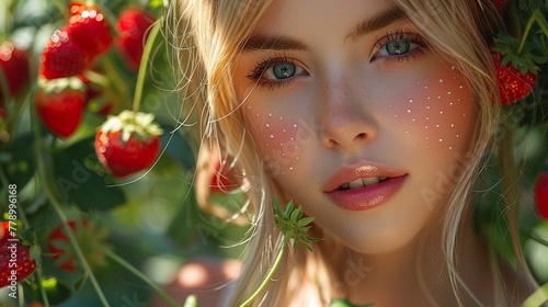 Blonde tasting the season s first strawberries, the sweetness of spring on her lips photo